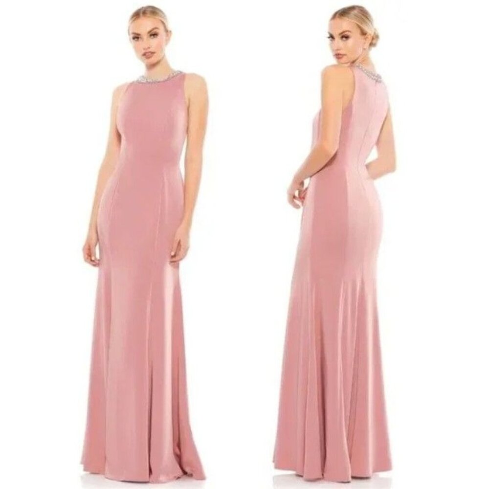 Nwt Mac Duggal 49093 Embellished Fluted-Hem Maxi Gown Formal Raspberry Pink Us 8